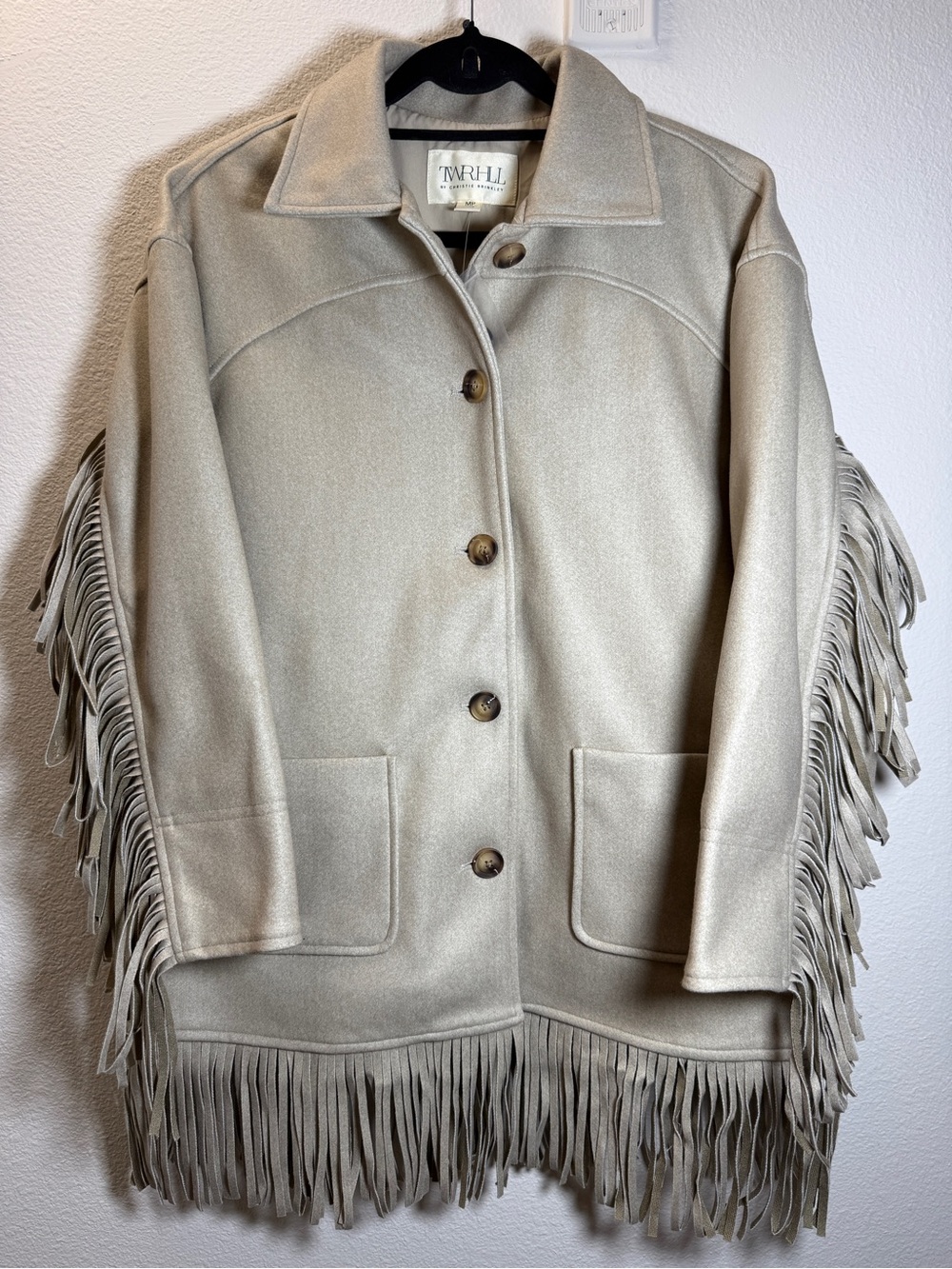 NWT TWRHLL Christie Brinkley Fringe Shacket Jacket Coat Tan Beige Petite MP New
